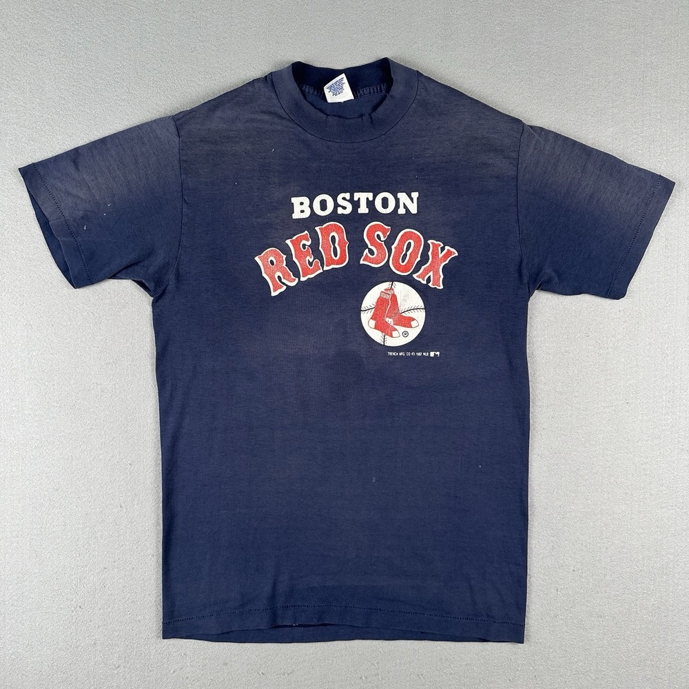 Vtg 80s Boston Red Sox Shirt Men's Large Blue Trench 1987 Baseball MLB